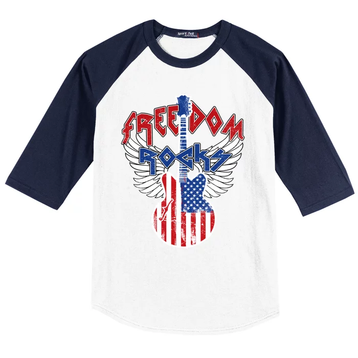 Freedom Rocks 4th Of July Patriotic Usa Flag Rock Guitar Gift Baseball Sleeve Shirt