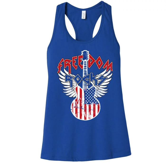 Freedom Rocks 4th Of July Patriotic Usa Flag Rock Guitar Meaningful Gift Women's Racerback Tank