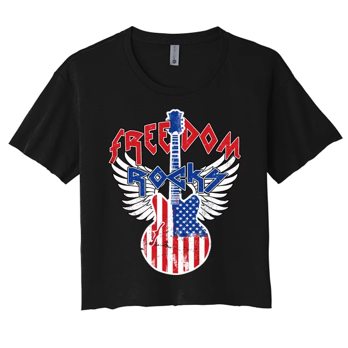 Freedom Rocks 4th Of July Patriotic Usa Flag Rock Guitar Women's Crop Top Tee