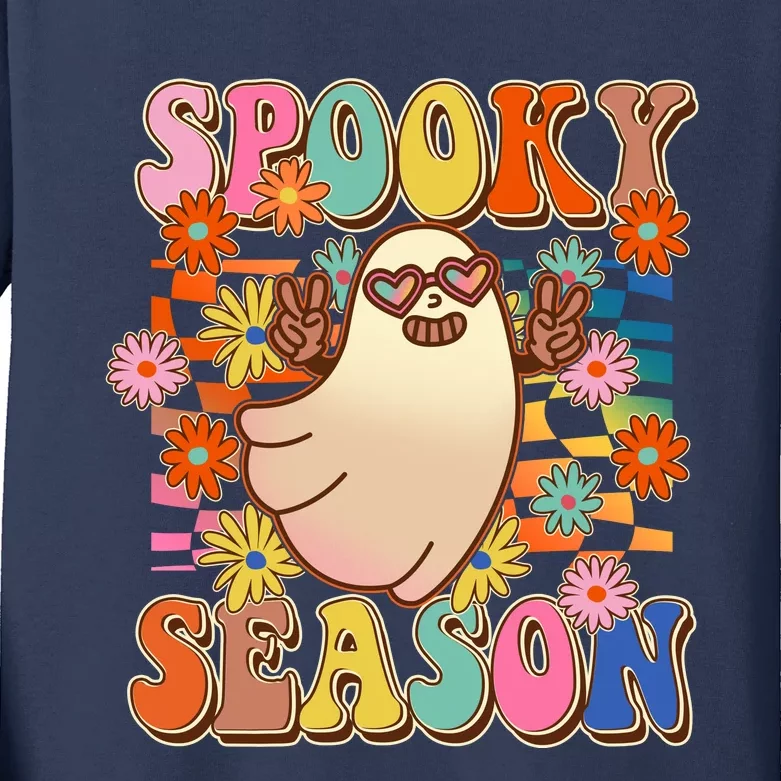 Funny Retro 60s Halloween Spooky Season Hippie Ghost Kids Long Sleeve Shirt