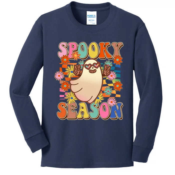 Funny Retro 60s Halloween Spooky Season Hippie Ghost Kids Long Sleeve Shirt