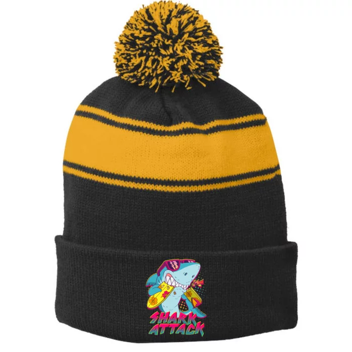 Funny Retro 80s Shark Attack Stripe Pom Pom Beanie