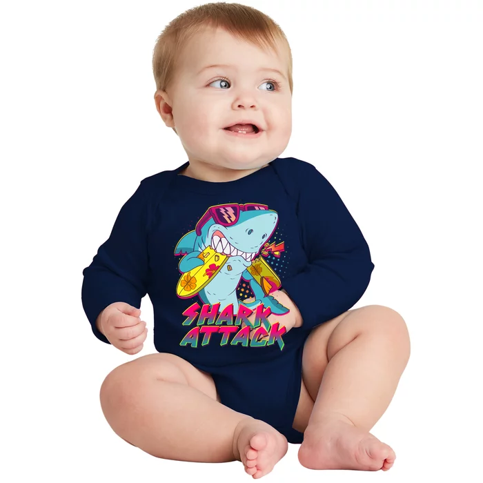 Funny Retro 80s Shark Attack Baby Long Sleeve Bodysuit