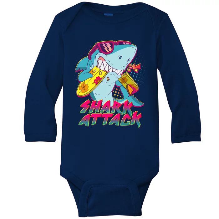 Funny Retro 80s Shark Attack Baby Long Sleeve Bodysuit