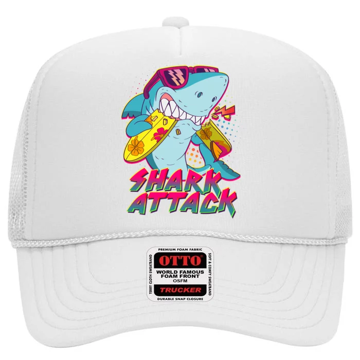 Funny Retro 80s Shark Attack High Crown Mesh Trucker Hat