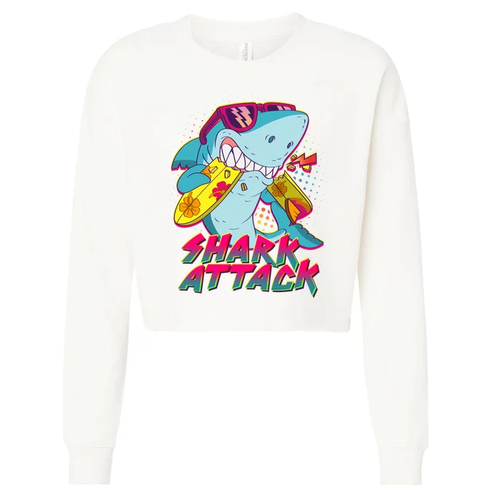 Funny Retro 80s Shark Attack Cropped Pullover Crew