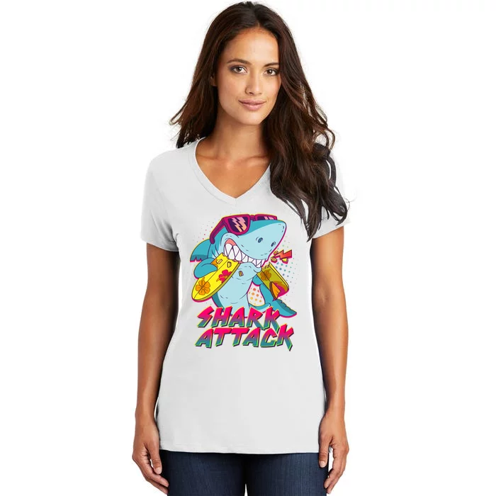 Funny Retro 80s Shark Attack Women's V-Neck T-Shirt