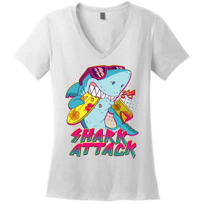 Funny Retro 80s Shark Attack Women's V-Neck T-Shirt