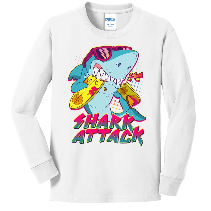 Funny Retro 80s Shark Attack Kids Long Sleeve Shirt