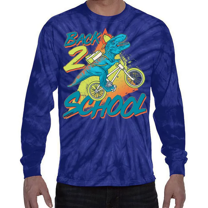 Funny Retro 80's 90's Back To 2 School TRex Dinosaur Bike Tie-Dye Long Sleeve Shirt