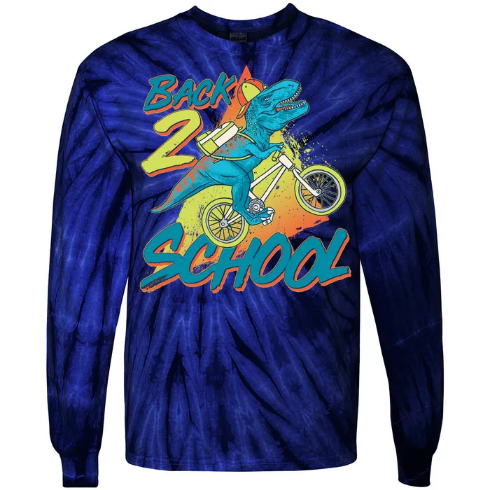 Funny Retro 80's 90's Back To 2 School TRex Dinosaur Bike Tie-Dye Long Sleeve Shirt