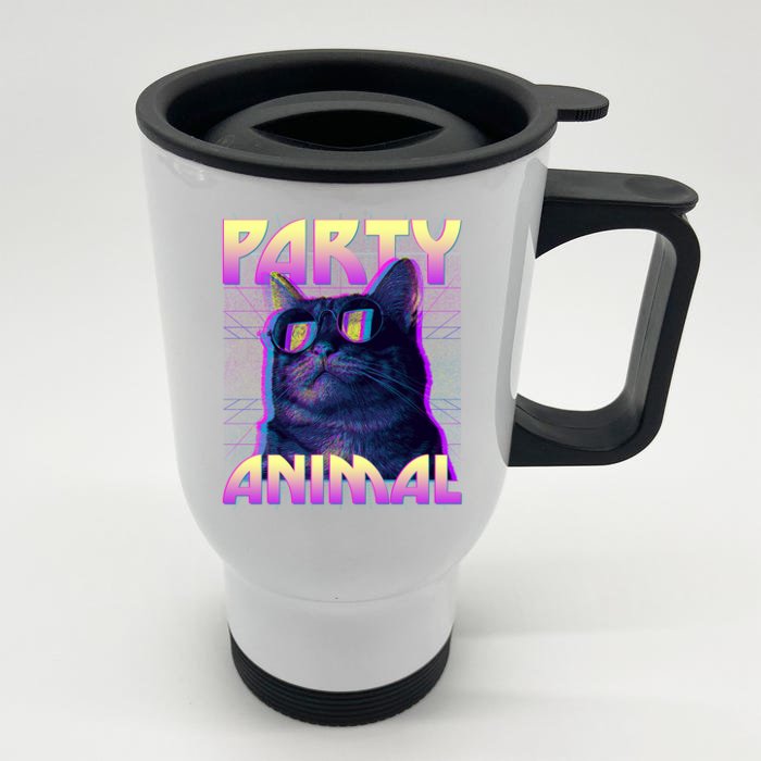 Funny Retro 80s Eighties Party Animal Cat Front & Back Stainless Steel Travel Mug