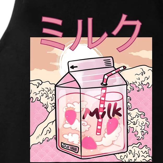 Funny Retro 90s Japanese Kawaii Strawberry Milk Shake Carton Ladies Tri-Blend Wicking Tank