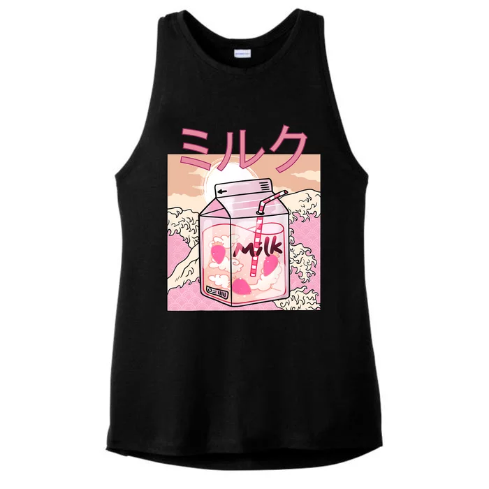 Funny Retro 90s Japanese Kawaii Strawberry Milk Shake Carton Ladies Tri-Blend Wicking Tank