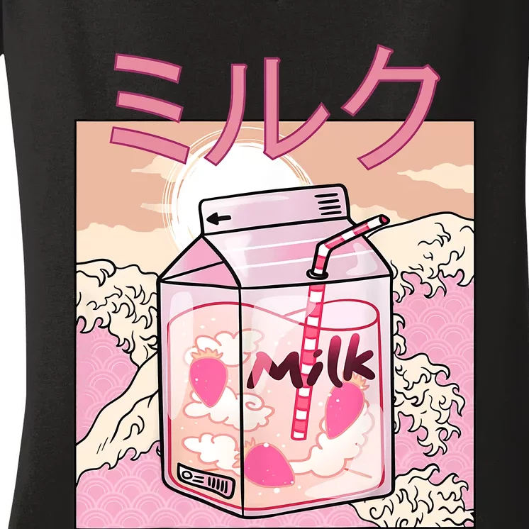 Funny Retro 90s Japanese Kawaii Strawberry Milk Shake Carton Women's V-Neck T-Shirt