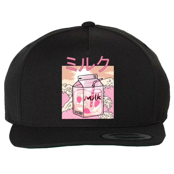 Funny Retro 90s Japanese Kawaii Strawberry Milk Shake Carton Wool Snapback Cap