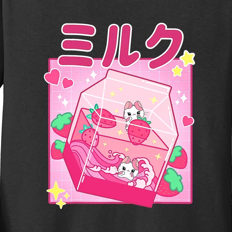 Funny Retro 90s Strawberry Milkshake Carton Kawaii Cat Kids Long Sleeve Shirt