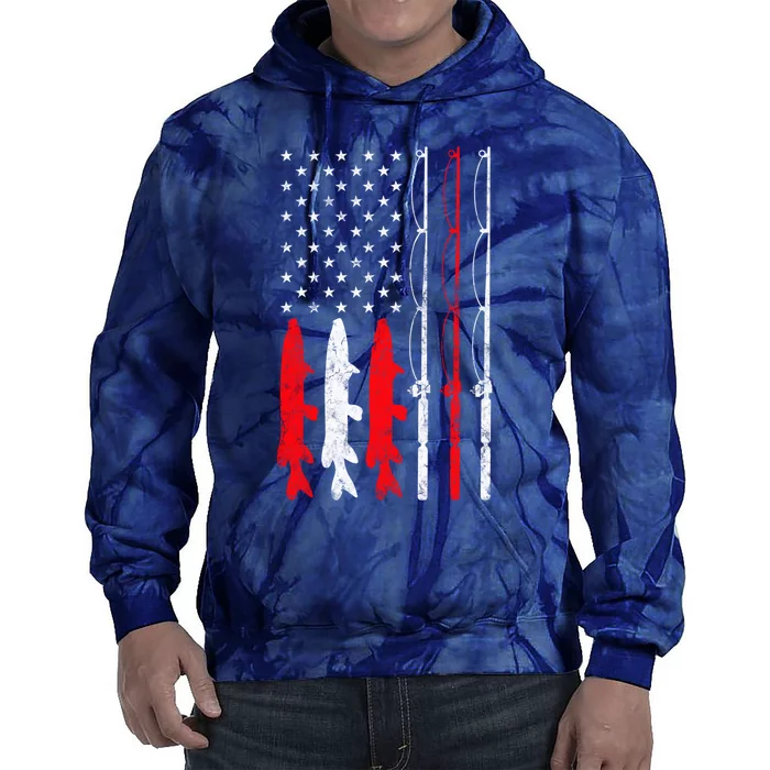 Fishing Rod American Flag Vintage Fishing gift for Fisherman Tie Dye Hoodie