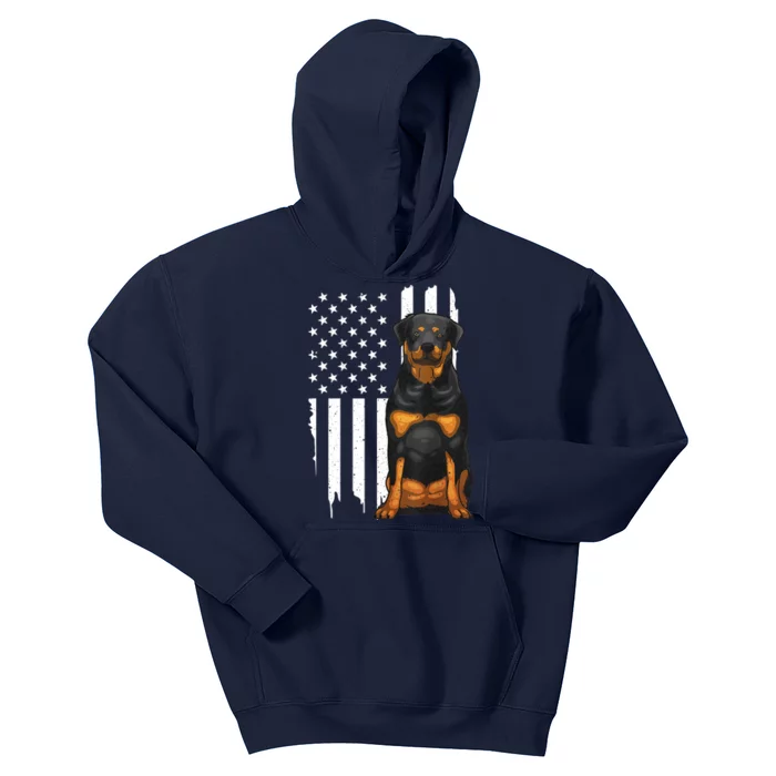 Funny Rottweiler American Flag Dog Art For Patriot Kids Hoodie