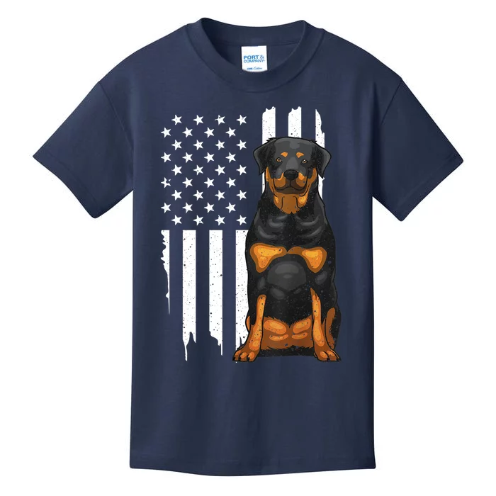 Funny Rottweiler American Flag Dog Art For Patriot Kids T-Shirt