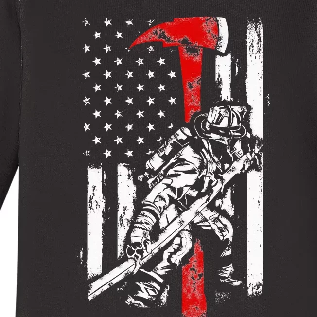 Firefighter red Axe Tattered Fireman American Flag Baby Long Sleeve Bodysuit