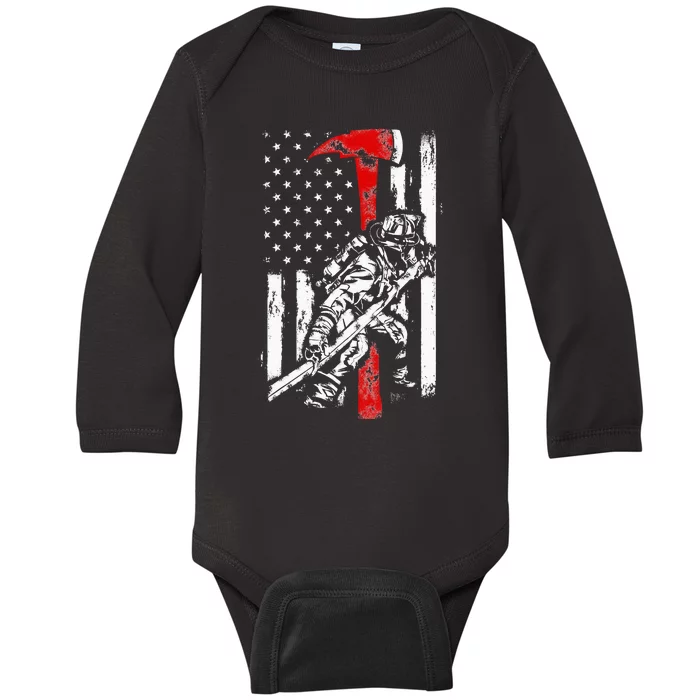 Firefighter red Axe Tattered Fireman American Flag Baby Long Sleeve Bodysuit