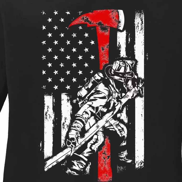 Firefighter red Axe Tattered Fireman American Flag Ladies Long Sleeve Shirt