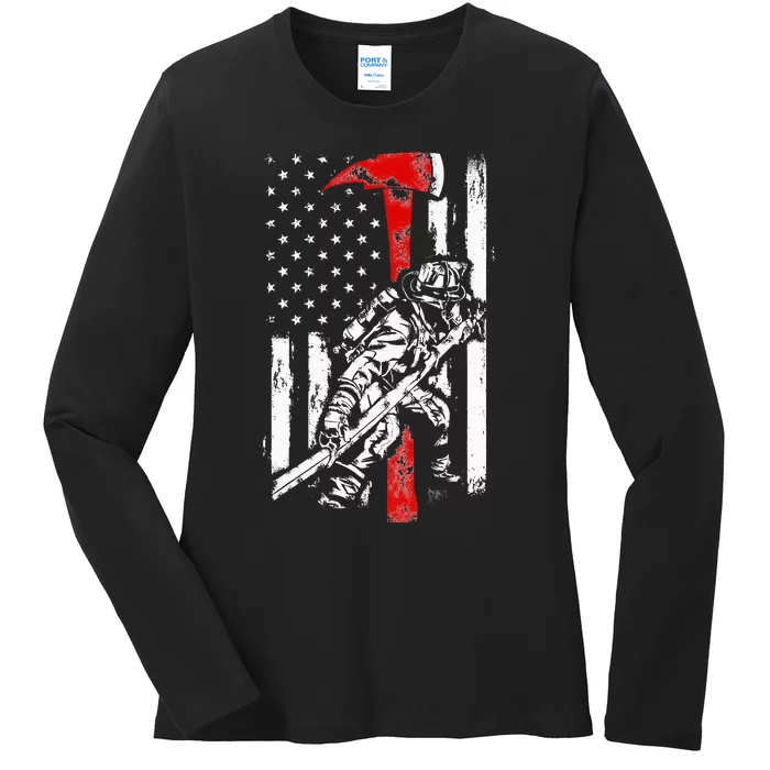 Firefighter red Axe Tattered Fireman American Flag Ladies Long Sleeve Shirt