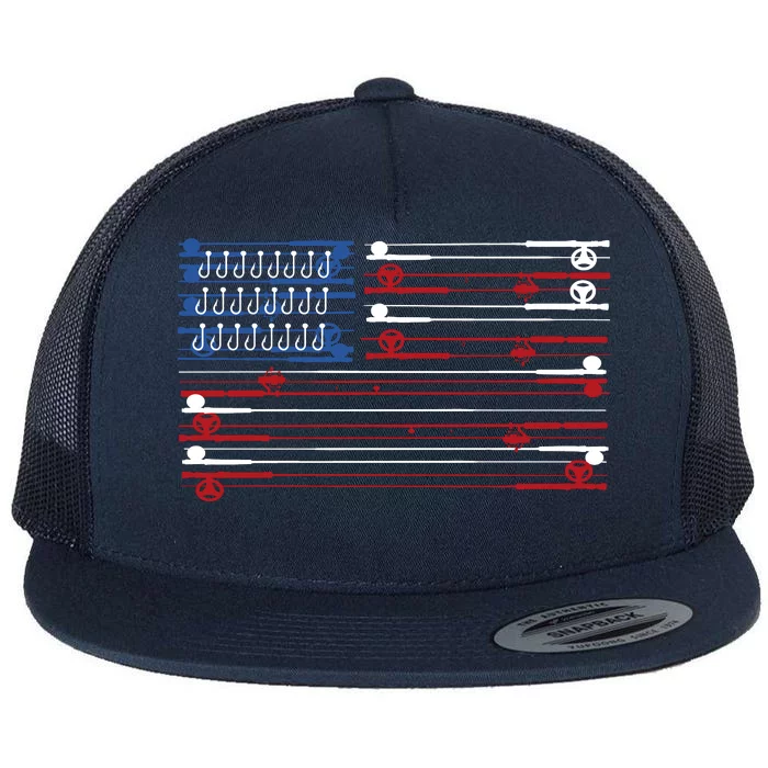 Fishing Rods American Flag Flat Bill Trucker Hat