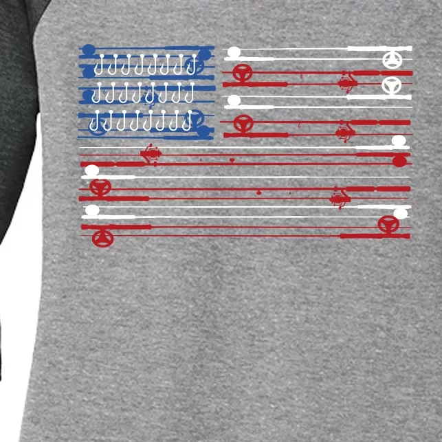 Fishing Rods American Flag Women's Tri-Blend 3/4-Sleeve Raglan Shirt