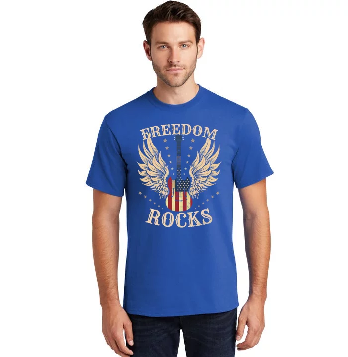 Freedom Rocks American Flag 4th July Guitar Gift Tall T-Shirt