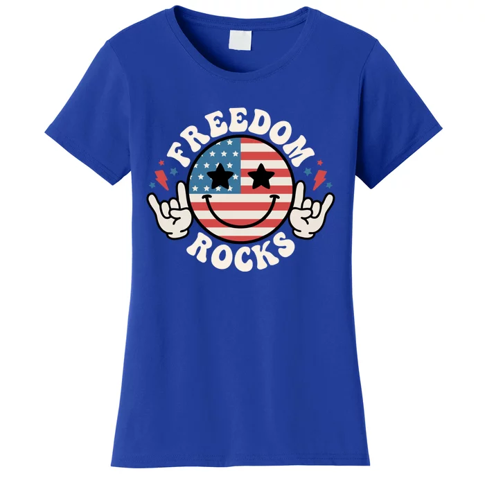 Freedom Rocks American Flag Funny Smile 4th Of July Groovy Funny Gift Women's T-Shirt