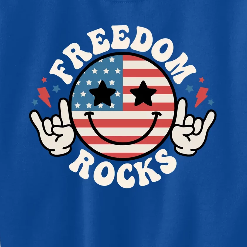 Freedom Rocks American Flag Funny Smile 4th Of July Groovy Funny Gift Kids Sweatshirt