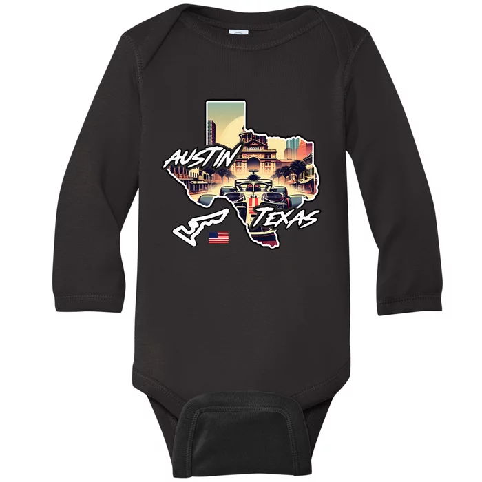 Formula Racing Austin Texas Open Wheel Car Circuit Usa Flag Baby Long Sleeve Bodysuit