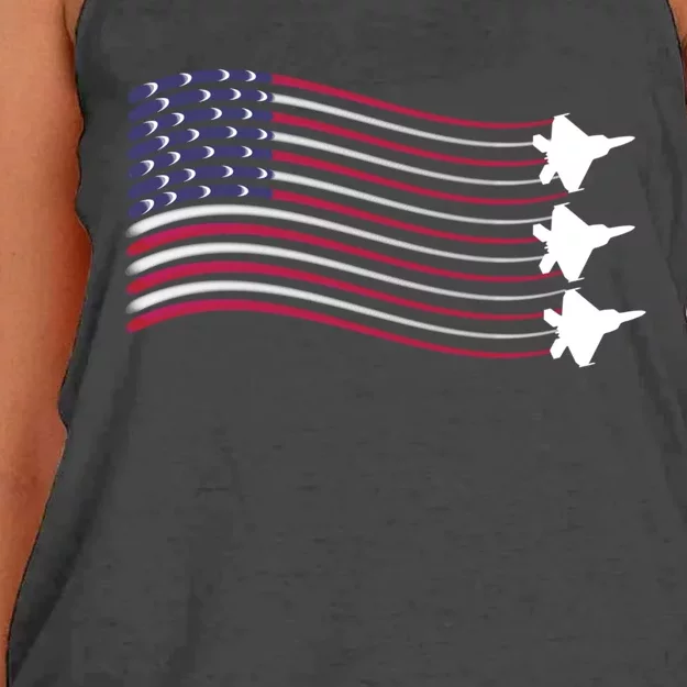 F22 Raptor Airshow American Flag 4th Of July Airplane Art Gift Women's Knotted Racerback Tank