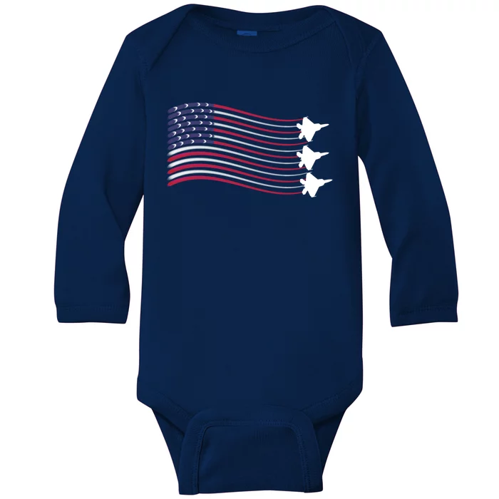 F22 Raptor Airshow American Flag 4th Of July Airplane Art Gift Baby Long Sleeve Bodysuit