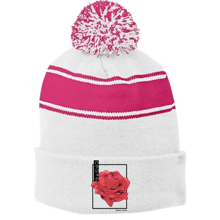 Floral Rose Art Japanese Flower Aesthetic Fashion Stripe Pom Pom Beanie