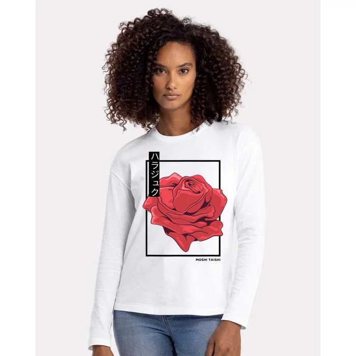 Floral Rose Art Japanese Flower Aesthetic Fashion Womens Cotton Relaxed Long Sleeve T-Shirt