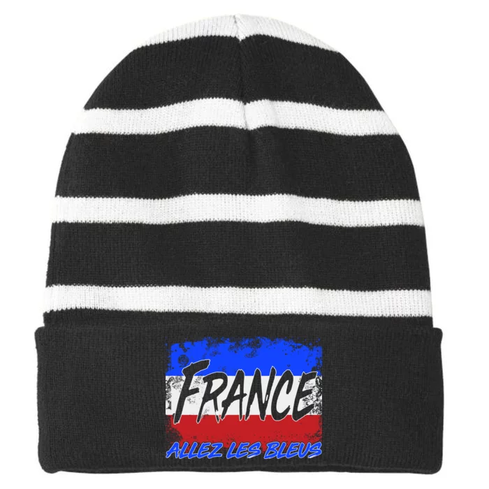 France Team Flag Allez Les Bleus Soccer Striped Beanie with Solid Band