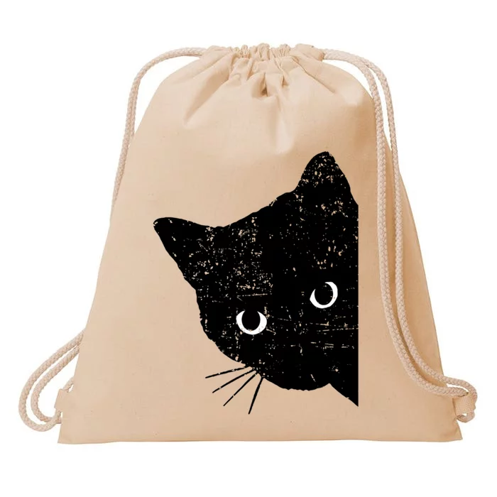 Funny Retro Black Cat Peeking Ew People Anti Social Cat Gift Drawstring Bag