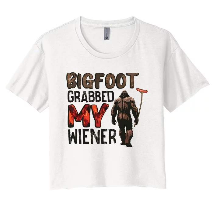 Funny Retro Bigfoot Bigfoot Grabbed My Wiener Design Women's Crop Top Tee