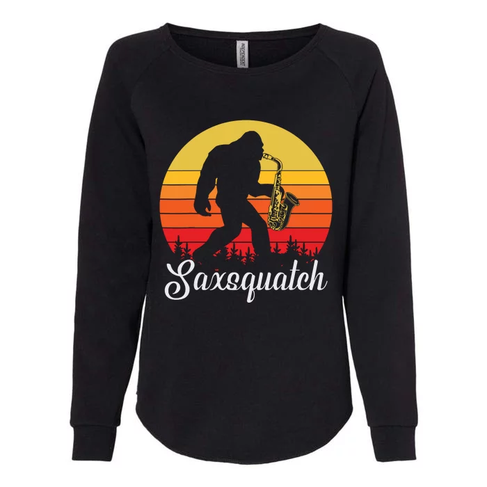 Funny Retro Bigfoot Silhouette Sun Saxophone Bigfoot Womens California Wash Sweatshirt