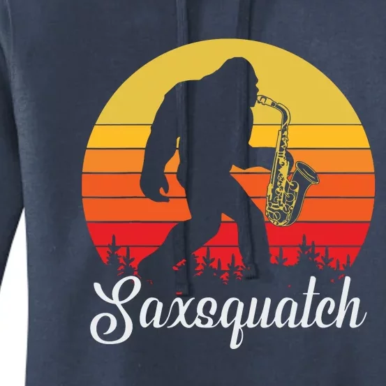 Funny Retro Bigfoot Silhouette Sun Saxophone Bigfoot Women's Pullover Hoodie