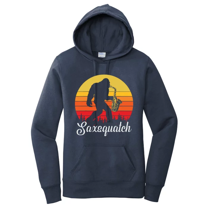 Funny Retro Bigfoot Silhouette Sun Saxophone Bigfoot Women's Pullover Hoodie