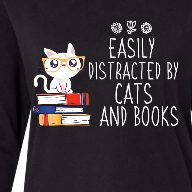 Funny Reading Book Lover Easily Distracted By Cats And Books Womens Cotton Relaxed Long Sleeve T-Shirt