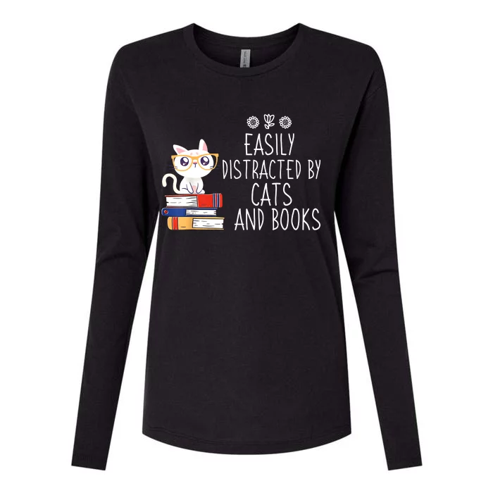 Funny Reading Book Lover Easily Distracted By Cats And Books Womens Cotton Relaxed Long Sleeve T-Shirt