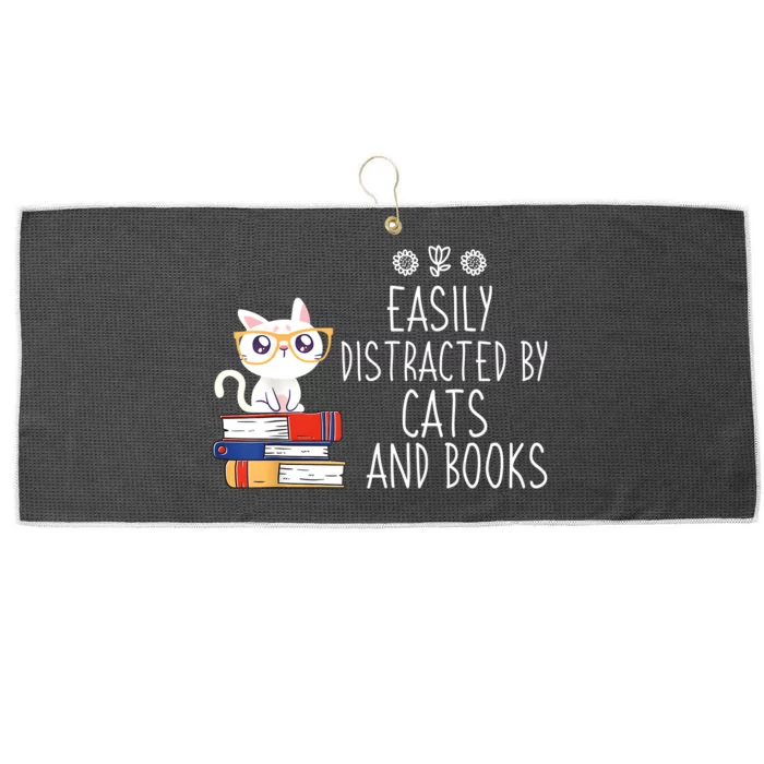 Funny Reading Book Lover Easily Distracted By Cats And Books Large Microfiber Waffle Golf Towel