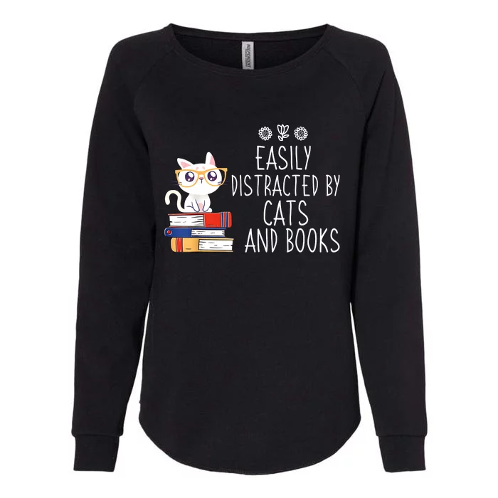 Funny Reading Book Lover Easily Distracted By Cats And Books Womens California Wash Sweatshirt