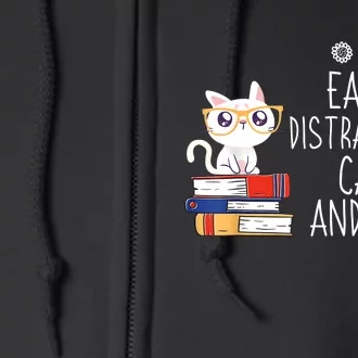 Funny Reading Book Lover Easily Distracted By Cats And Books Full Zip Hoodie