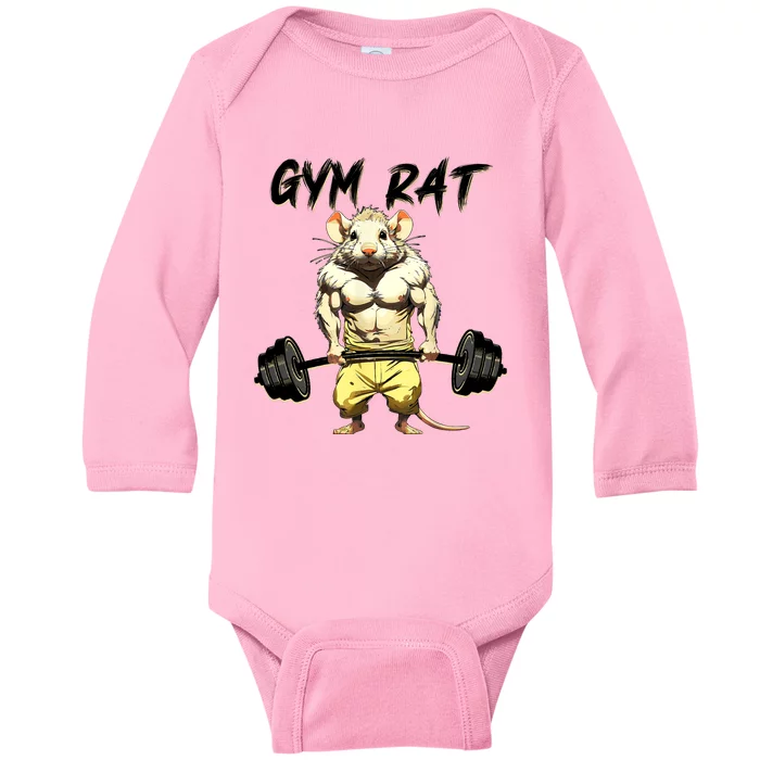 Funny Rat Bodybuilding Fitness Gym Motivation Workout Exercise Weight Lifting Baby Long Sleeve Bodysuit